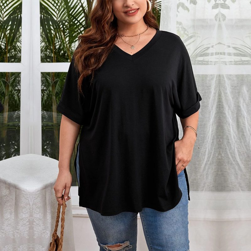 Sexy V-Neck Slit Short Sleeve Top - Image 2