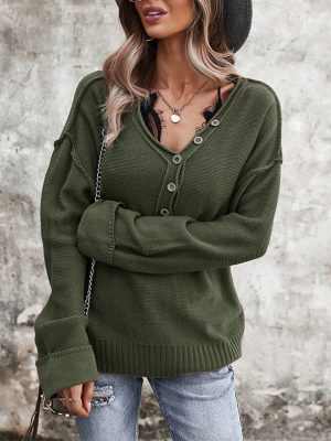 Winter V-Neck Sweater – Single Breasted Office Top