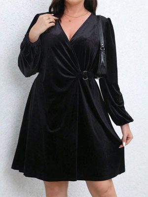 Plus Size Lantern Sleeve V-Neck Dress