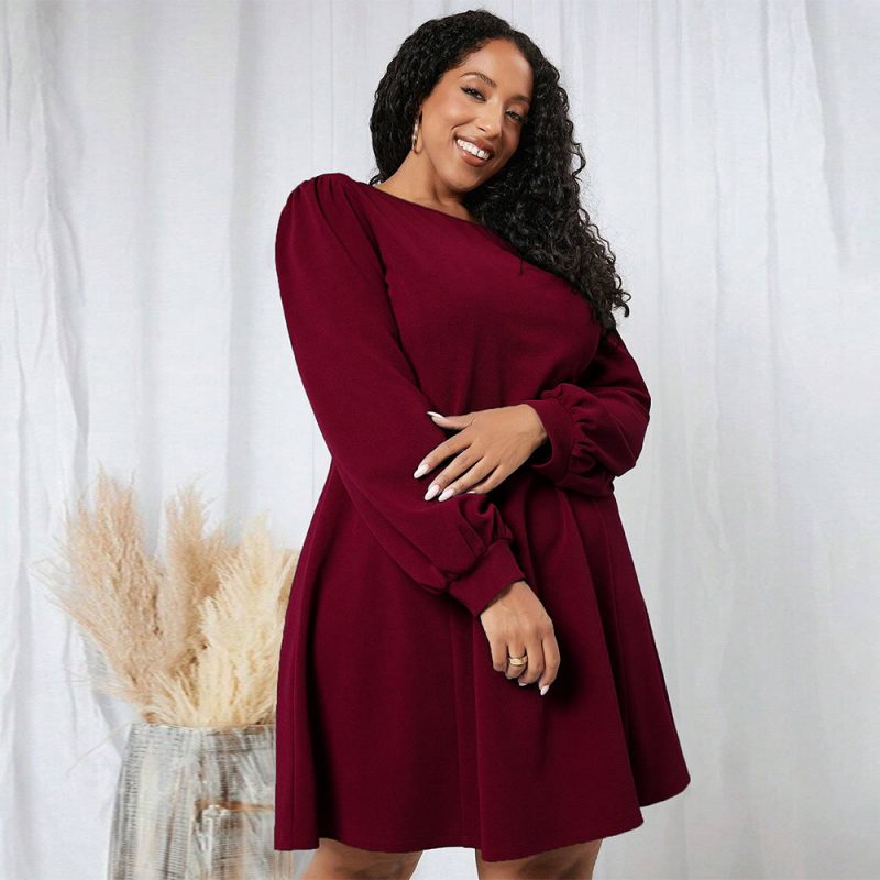 Stylish Plus Size Round Neck Long Sleeve Dress - Image 4