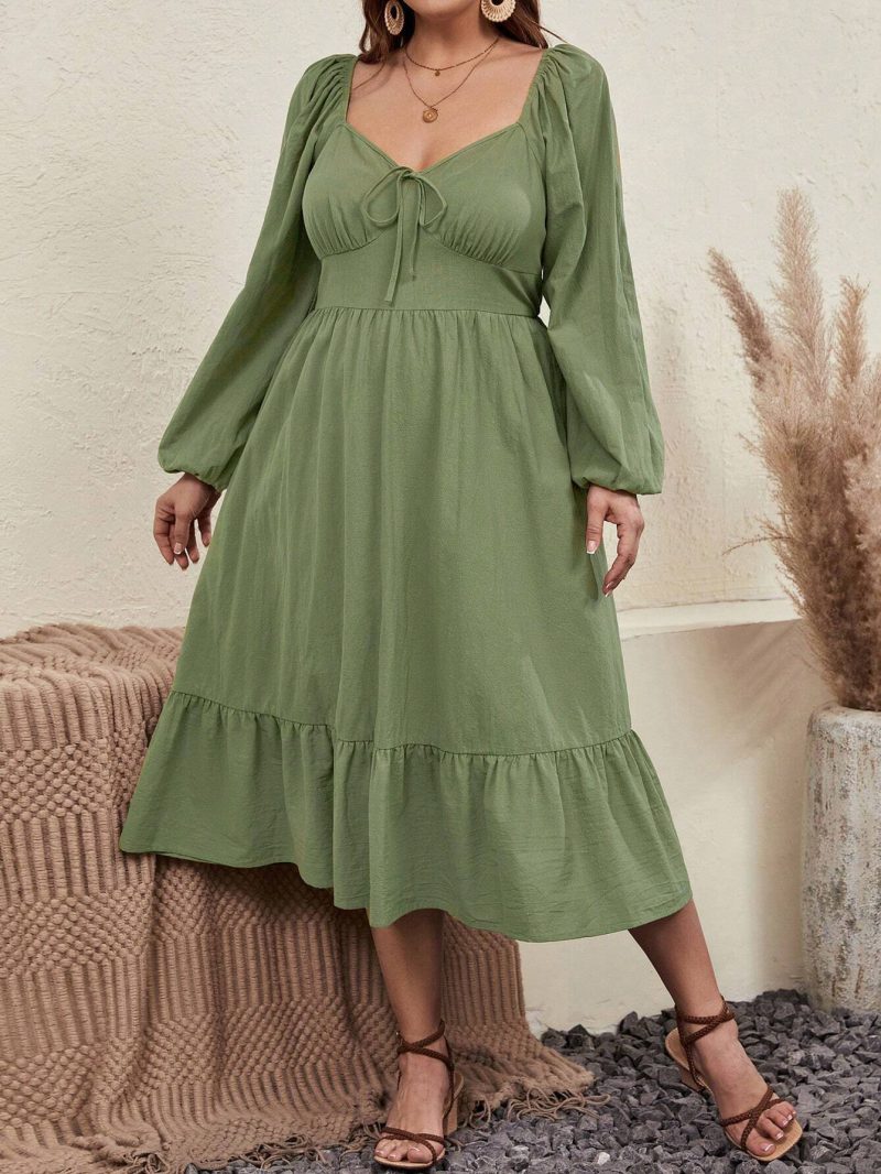 Pastoral Style Plus Size Long Sleeve Dress with Chicken Collar and Waist Tie - Image 2