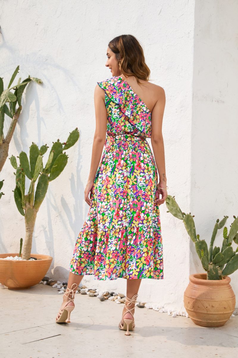 Floral Print Diagonal Shoulder Swing Dress | Casual Vacation Style - Image 4