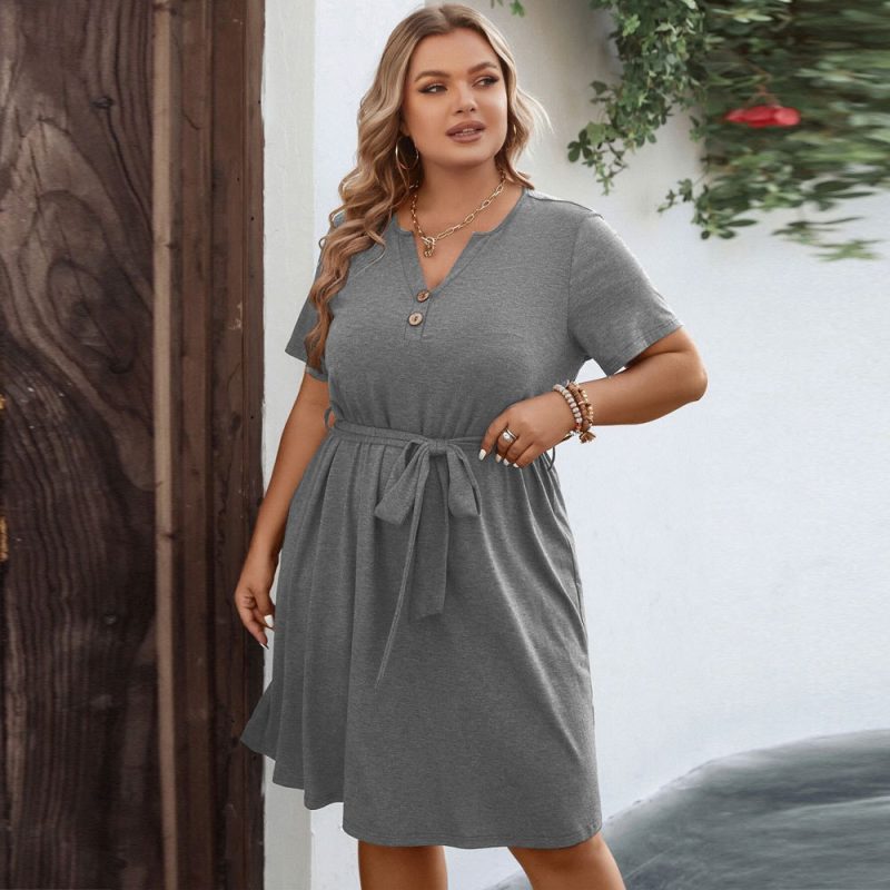 Plus Size V-Neck Belt A-Line Dress - Image 3