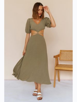 Spring Summer Solid Color High Waist Mid-Length Dress