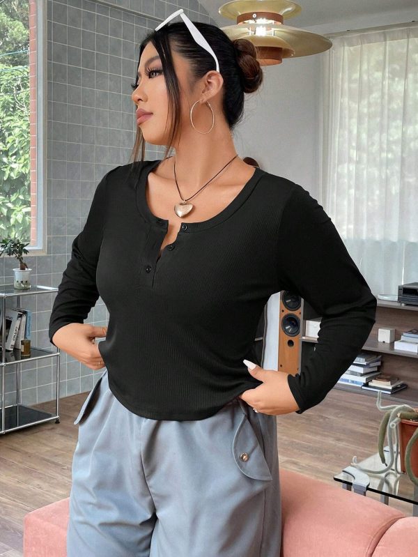 Plus Size Slim Button Long Sleeve T-Shirt - Image 4