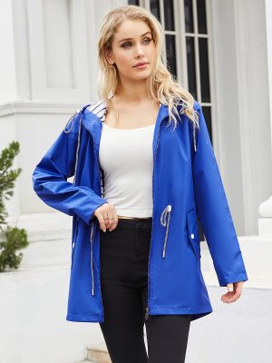 Hooded Striped Long-Sleeved Mid-Length Trench Raincoat