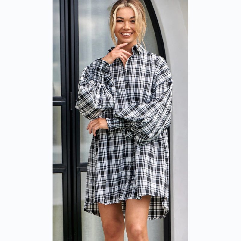 Plaid Lantern Sleeve Shirt - Casual Autumn/Winter - Image 3
