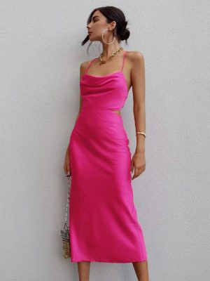 Summer Pink Satin Backless Cami Dress