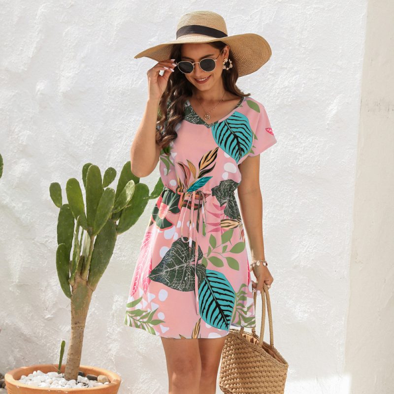Floral Print V-Neck Pull-Belt Dress - Image 2