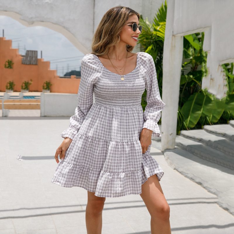 V-Neck Smocking Plaid Babydoll Dress - Winter Chic - Image 3