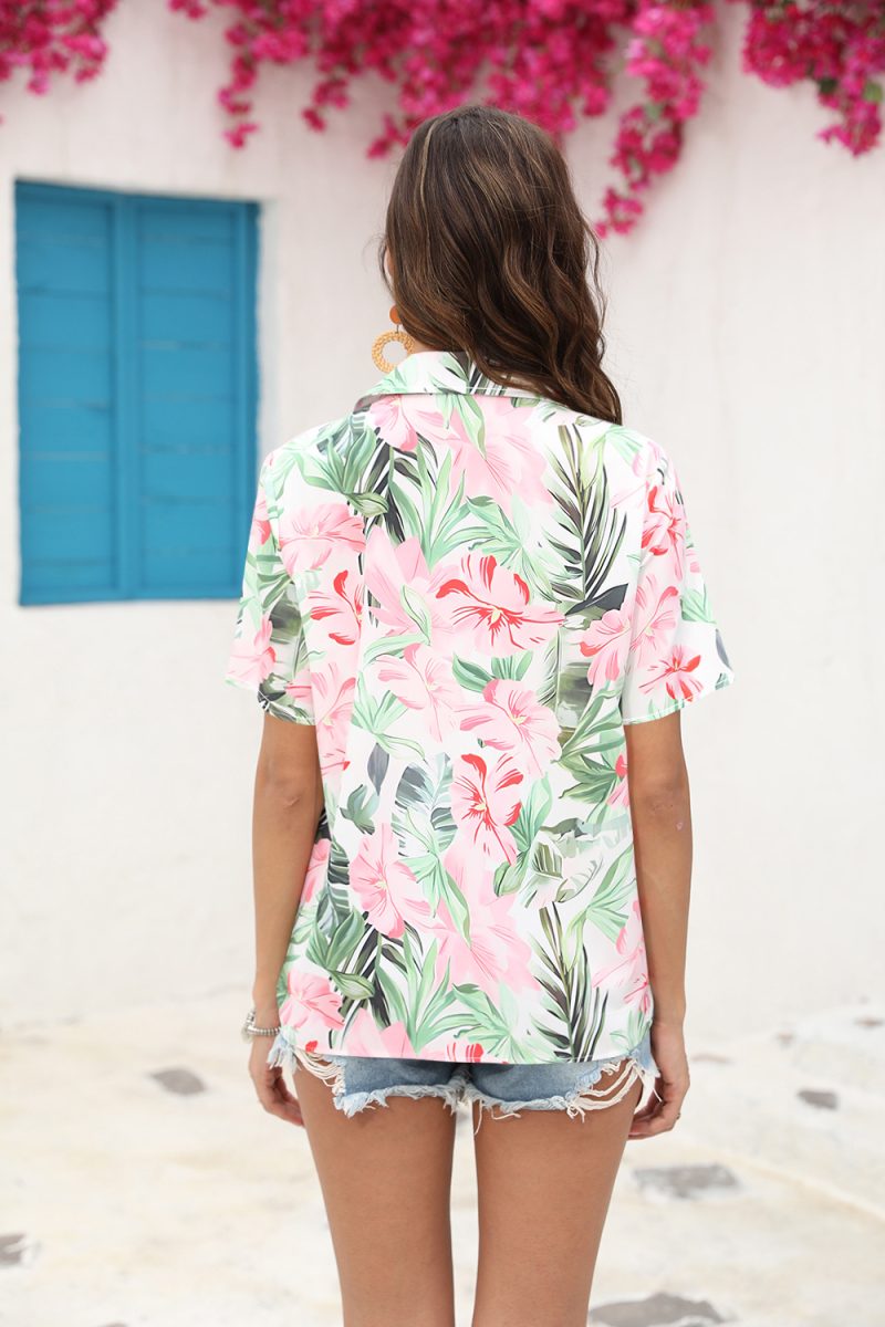 Floral Print Collared Shirt | Women's Short Sleeve Pleated Top - Image 2