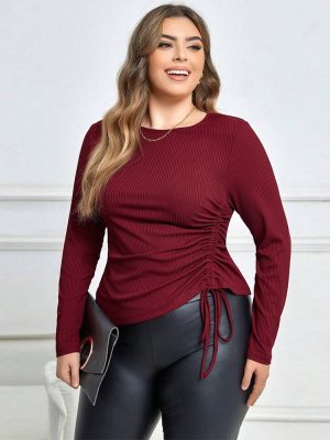 Chic Plus Size Drawstring Long Sleeve T-Shirt for Fall & Winter