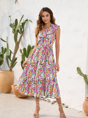 Floral Print Diagonal Shoulder Swing Dress | Casual Vacation Style