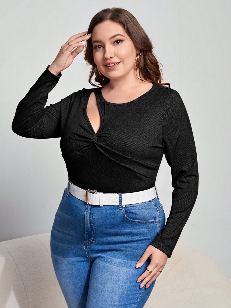 Plus Size Autumn Slim Long Sleeve T-Shirt - Stylish Cutout Design - Image 2