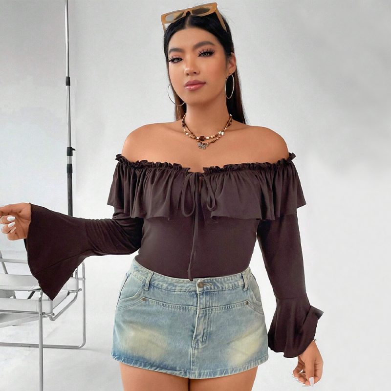 Plus Size Ruffled Bell Sleeve Boat Neck Top - Image 3