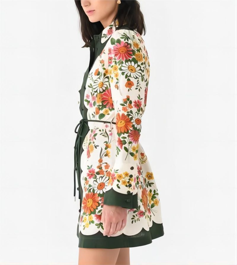Linen Plant Print Lace-Up Dress - Spring Summer - Image 2