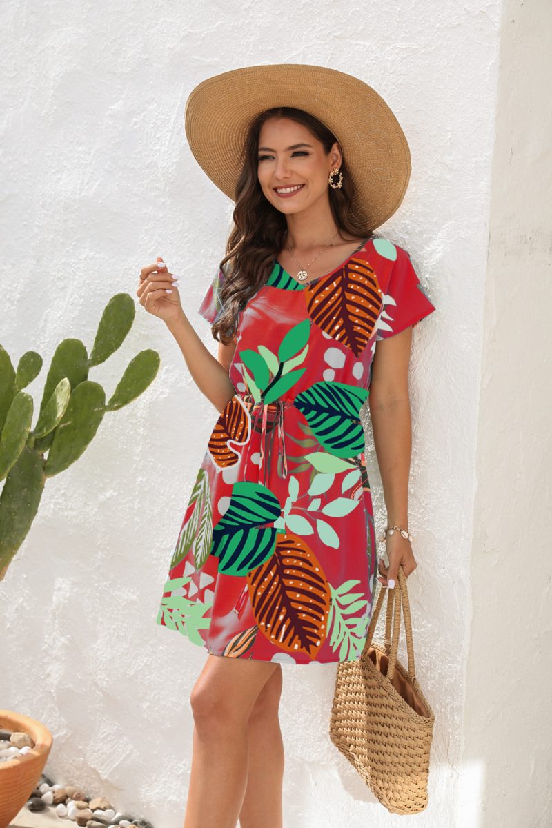Floral Print V-Neck Pull-Belt Dress - Image 3