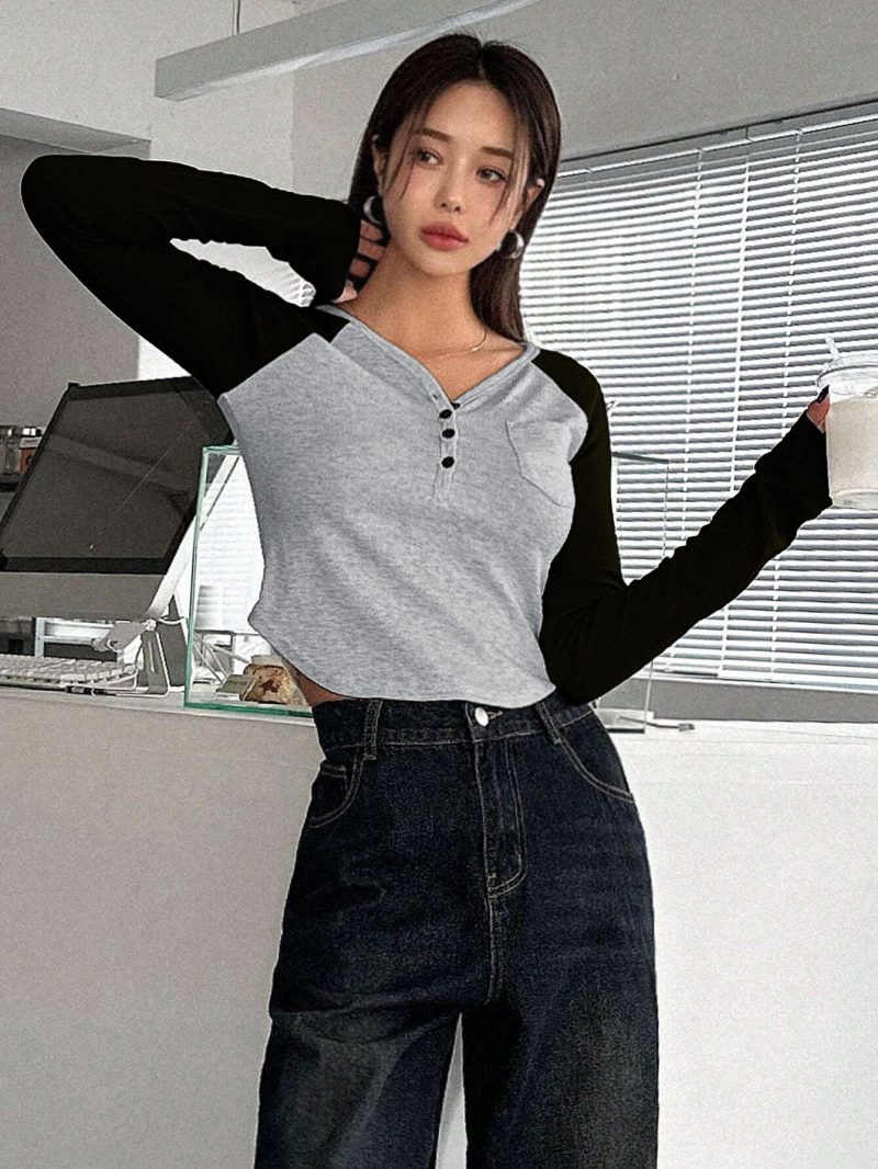 V-Neck Shoulder Long Sleeve Color-Matching T-Shirt - Image 2