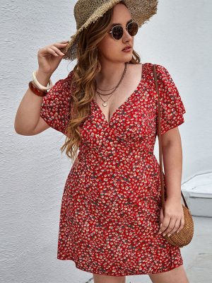 Plus Size Sexy V-Neck Floral Dress