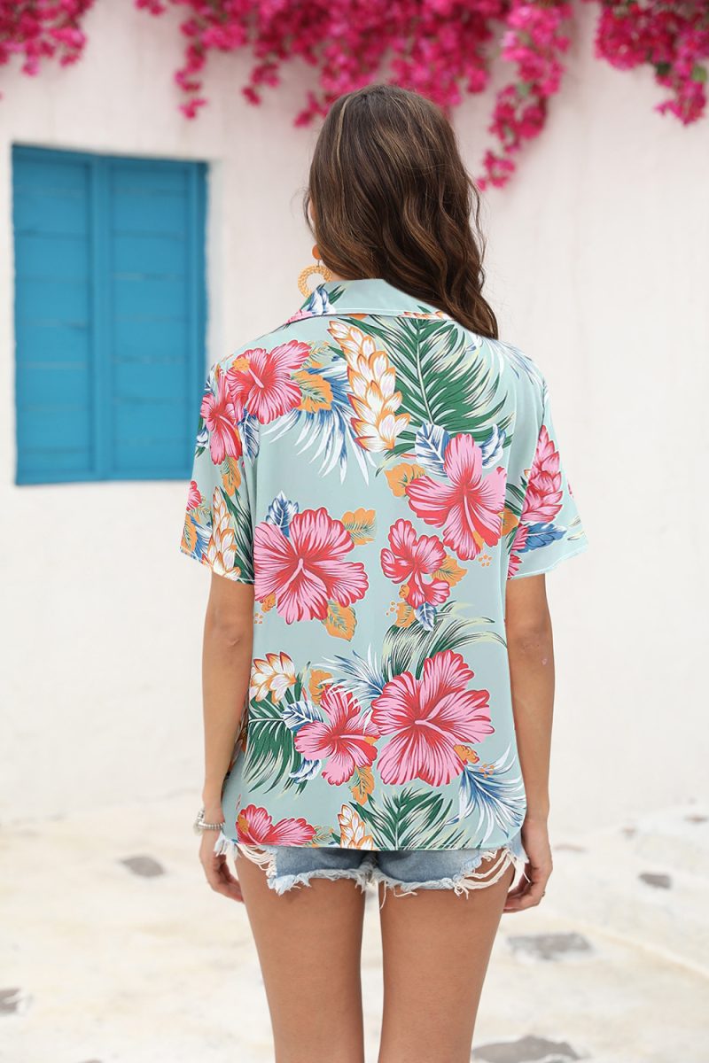 Floral Print Collared Shirt | Women's Short Sleeve Pleated Top - Image 4