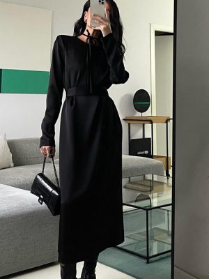 Autumn Black Lace-Up Backless Maxi Dress