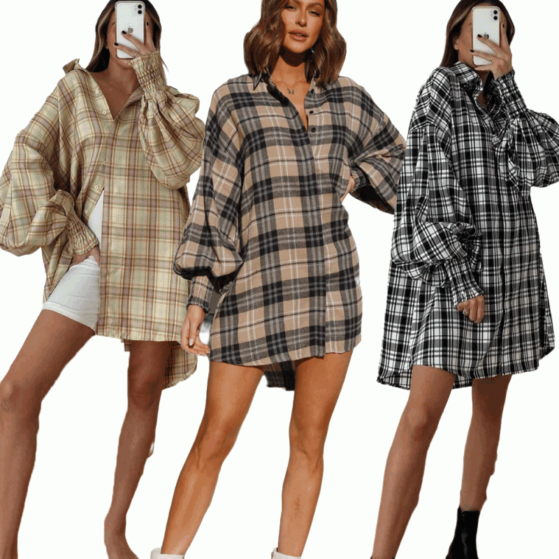 Plaid Lantern Sleeve Shirt - Casual Autumn/Winter - Image 5