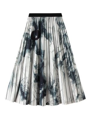 National Print High Waist Pleated Skirt with Large Hem