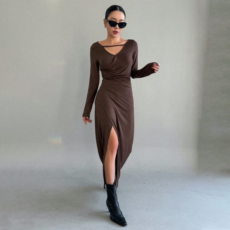 Chic French Brown Knitted Maxi Dress - Image 4