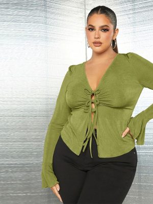 Plus Size V-Neck Lace-Up Knit Office Top