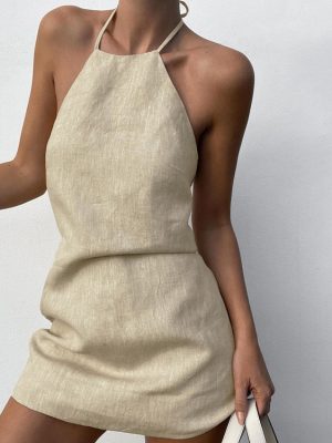 Summer Cotton Linen Backless Dress