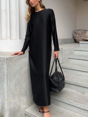 Chic Autumn Winter Long Sleeve Satin Sheath Dress with Split Hem