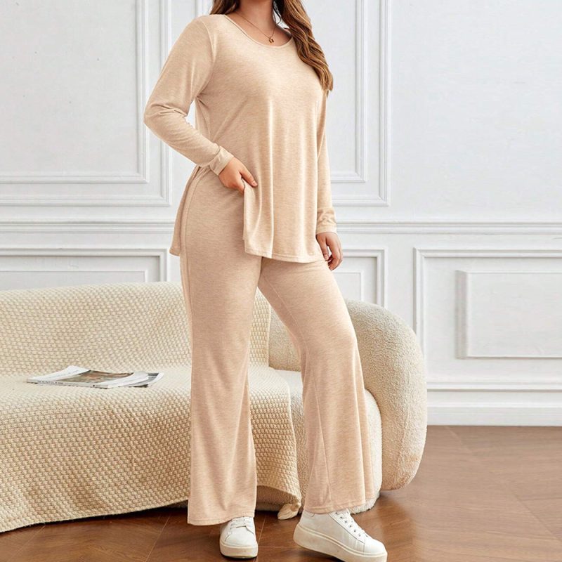 Chic Plus Size Casual Two-Piece Set with Split Long Sleeve T-Shirt and Wide Leg Pants - Image 3