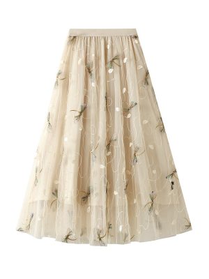 Dragonfly Embellished Tulle Long Skirt for Summer