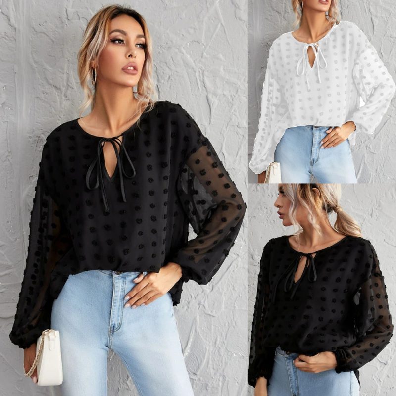 Round Neck Chiffon Loose Top - Solid Color - Image 3
