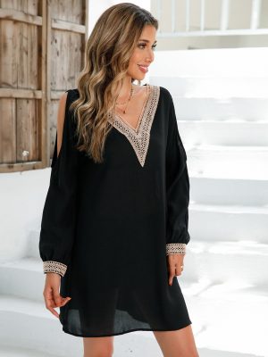 Off-Shoulder V-Neck Dress: Autumn-Winter Elegance