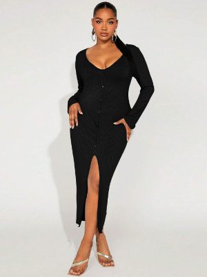 Plus Size Sexy Split V-Neck French Long Sleeve Dress