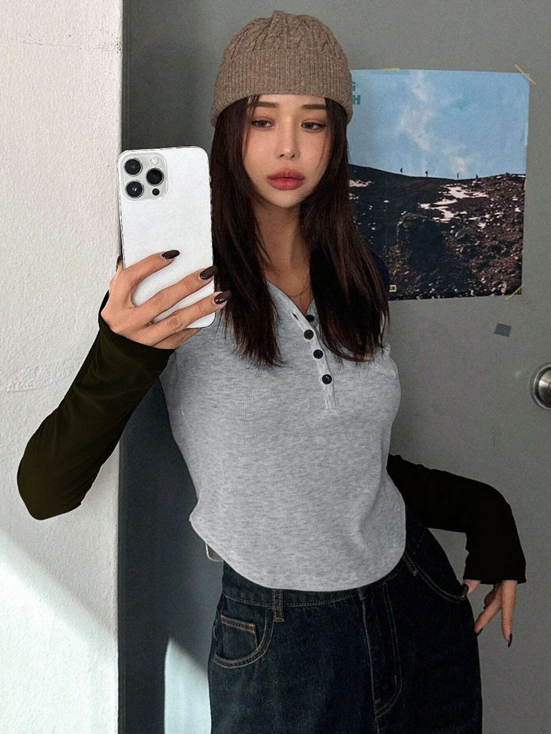 V-Neck Shoulder Long Sleeve Color-Matching T-Shirt - Image 3