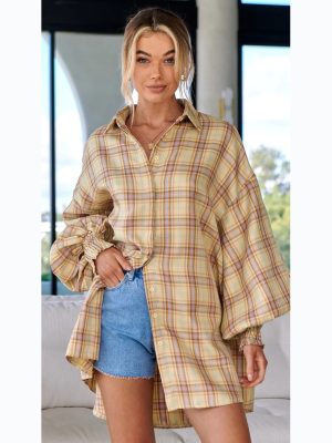 Plaid Lantern Sleeve Shirt – Casual Autumn/Winter