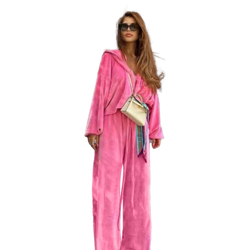 Gold Velvet Drawstring Casual Suit - Early Autumn Style - Image 4