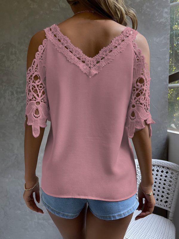 Lace V-Neck Off-Shoulder T-Shirt - Image 3