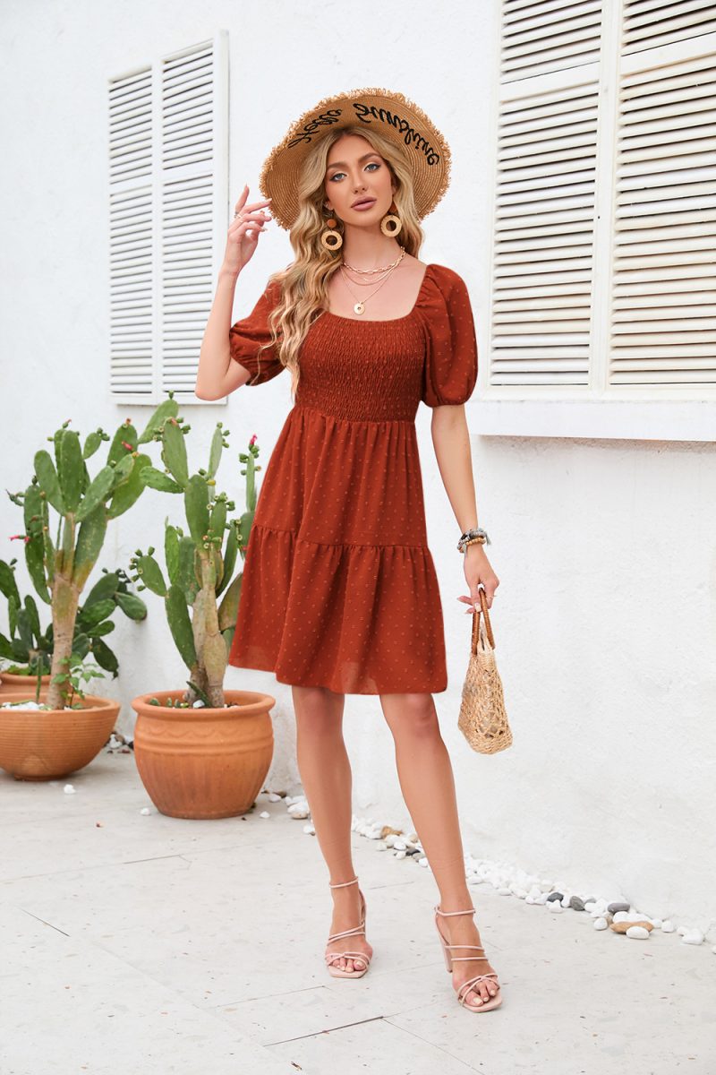 Mini Pleated Summer Dress | Square Neckline with Fur Ball Detail - Image 3