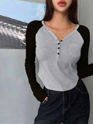 V-Neck Shoulder Long Sleeve Color-Matching T-Shirt