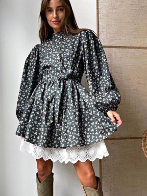 Fall French Floral Puff Sleeve Dress