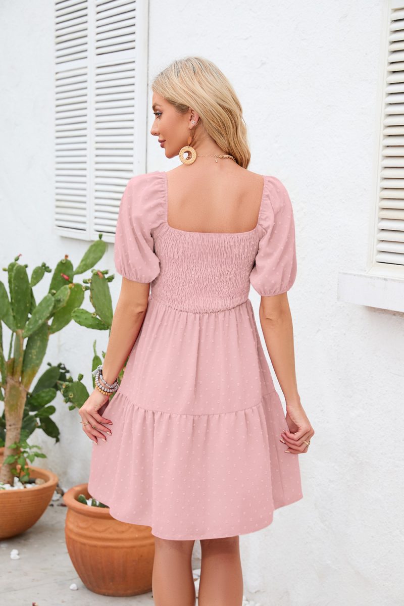Mini Pleated Summer Dress | Square Neckline with Fur Ball Detail - Image 2