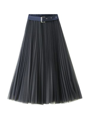 Belted High Waist Mesh Pleated Skirt