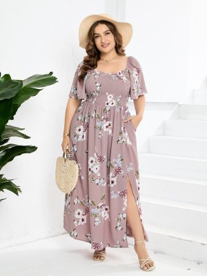 Plus Size Slit Hemline Print Dress