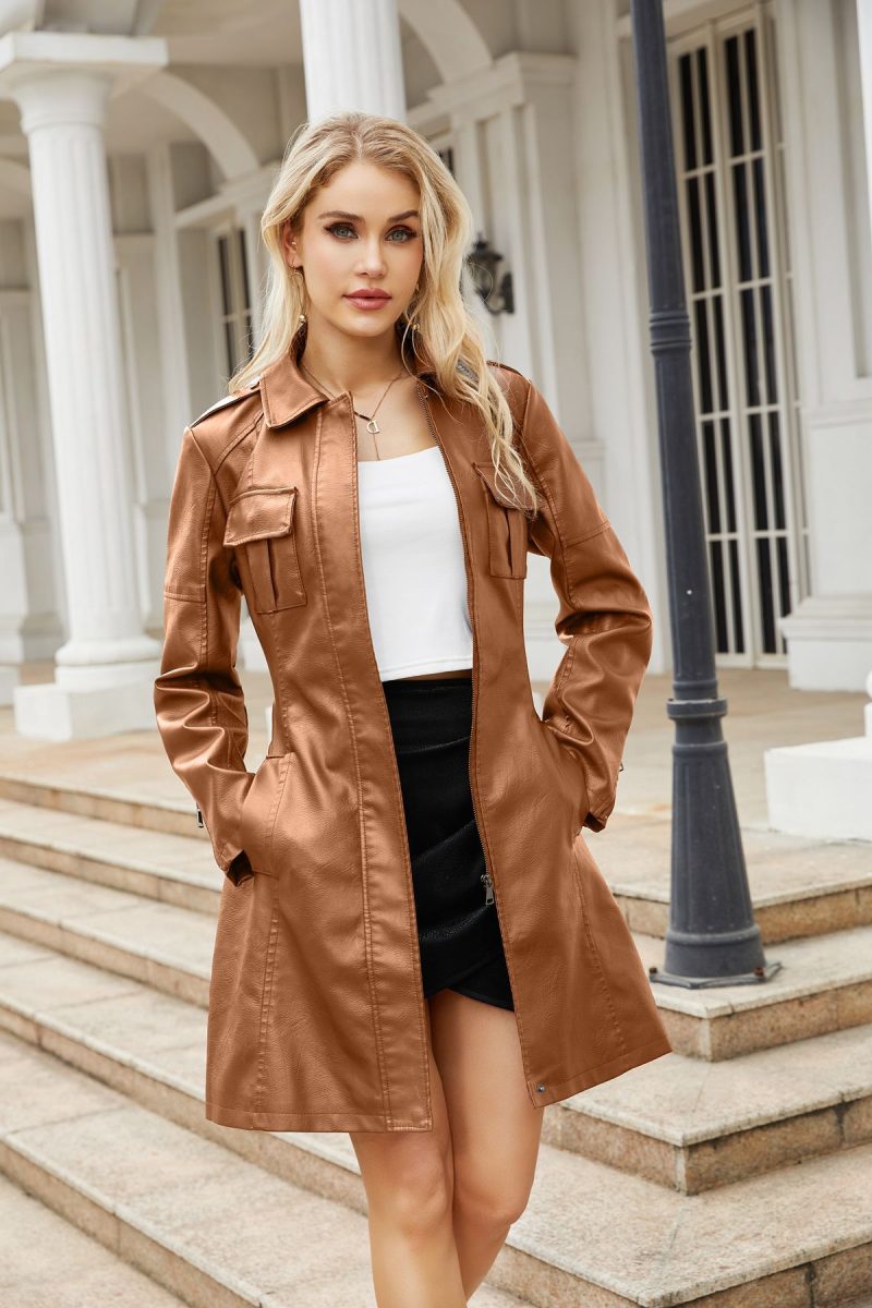 Spring-Autumn Belted Mid-Length Leather Coat - Image 5