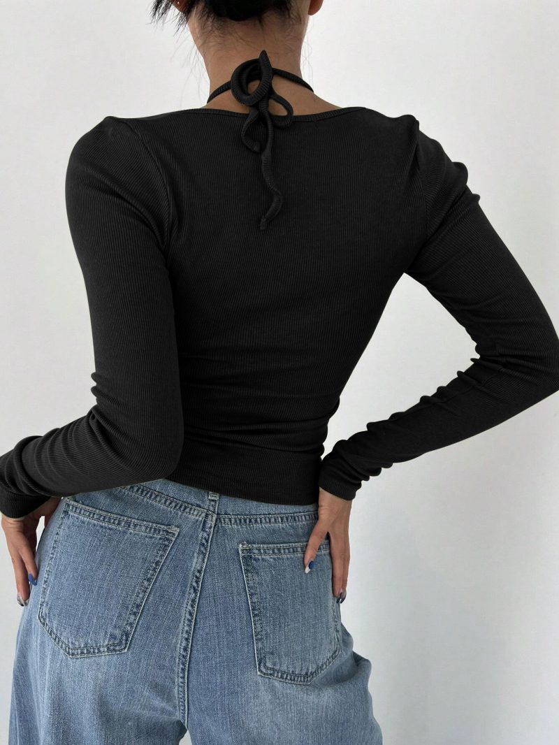 Sexy Black Halter Long Sleeve Tied T-Shirt - Image 3