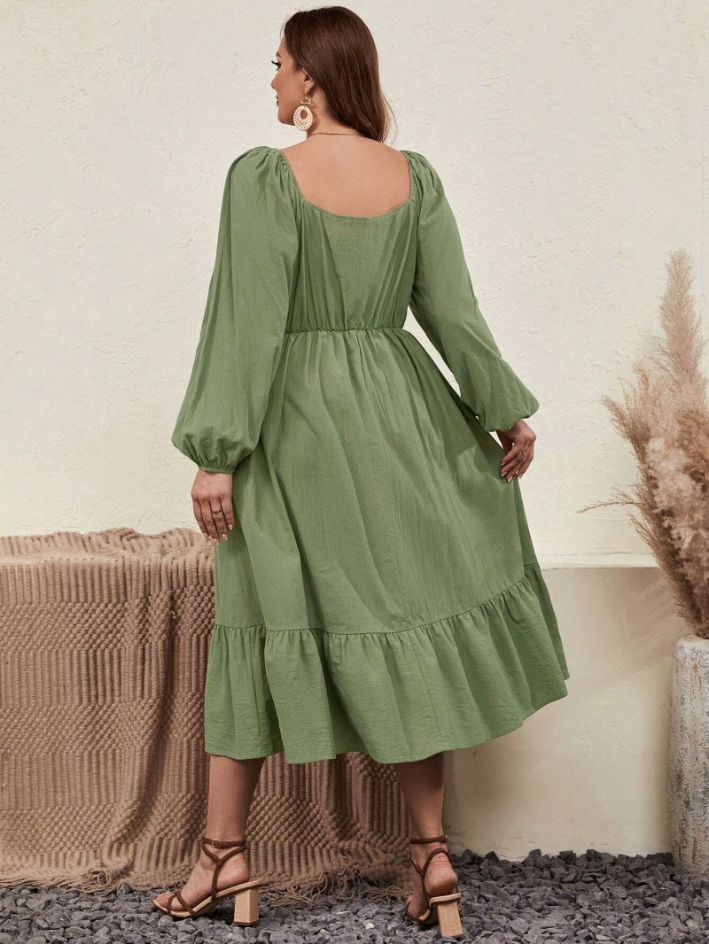 Pastoral Style Plus Size Long Sleeve Dress with Chicken Collar and Waist Tie - Image 3