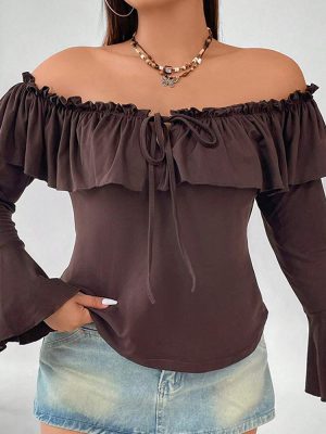 Plus Size Ruffled Bell Sleeve Boat Neck Top